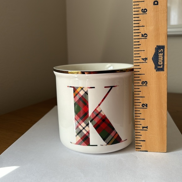 Pottery Barn K Monogram Initial Coffee Cup Mug Plaid Metallic Gold Rim - Picture 9 of 9